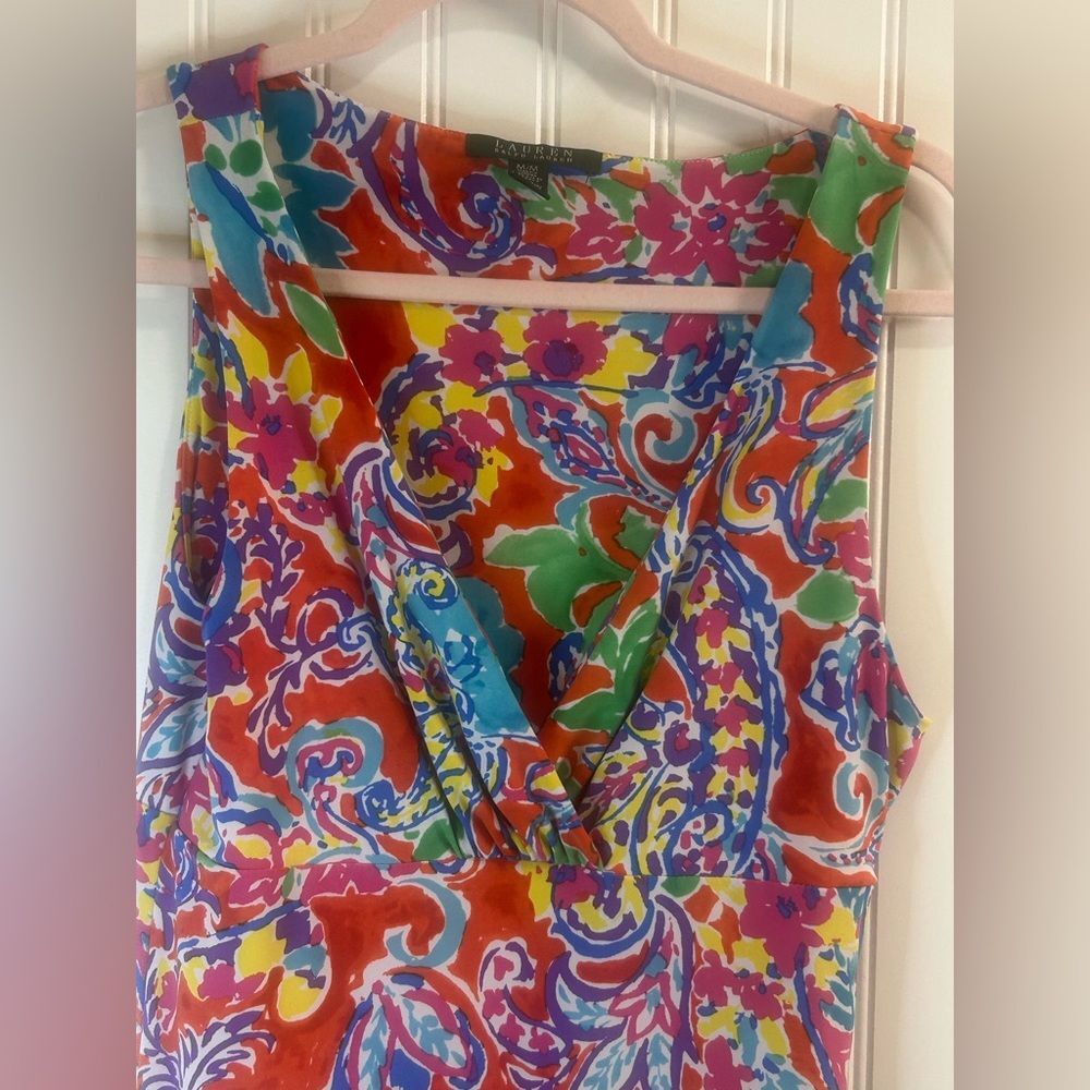 Lauren Ralph Lauren women Bright Multicolor Floral V-Neck Midi Dress Size M - Picture 7 of 9